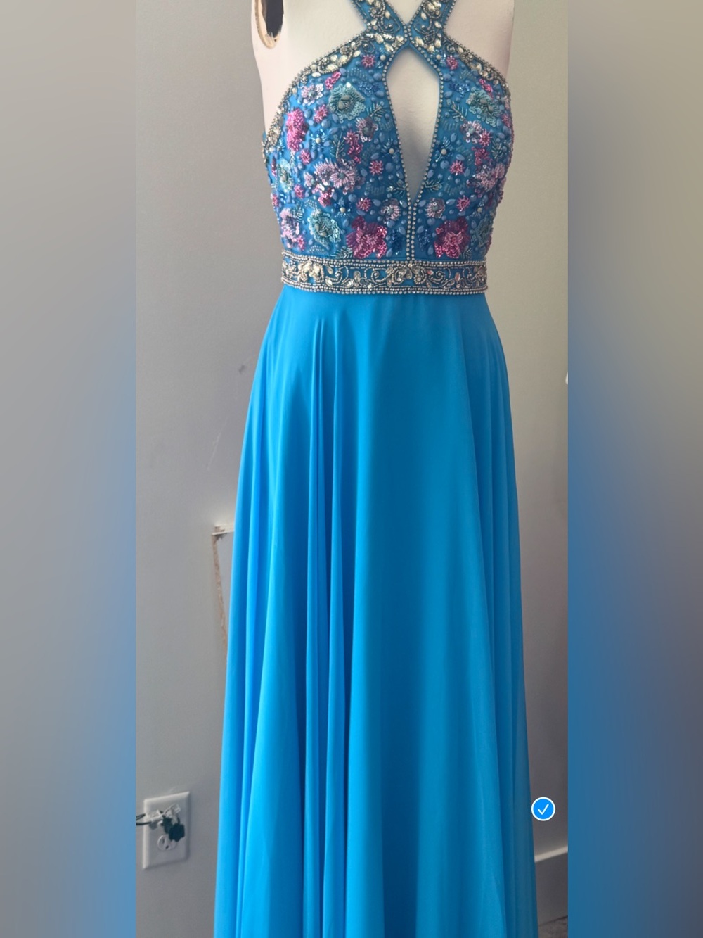 Embellished Turquoise Prom Dress with Floral Beaded Bodice